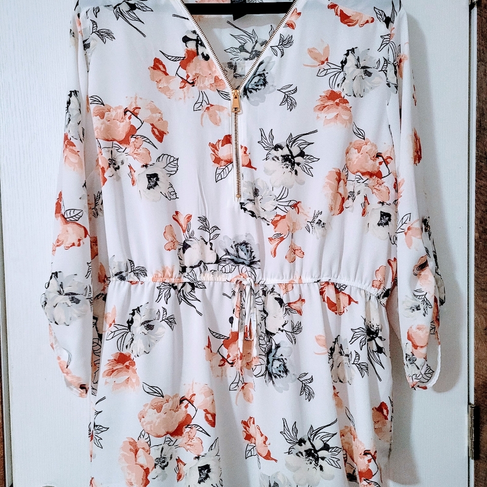 Peach, white and grey blouse